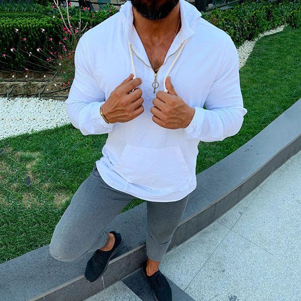 

mens hooded sweatshirt long sleeve solid color zip pocket casual pullovers, Black