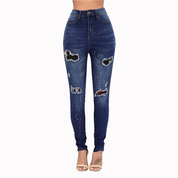 

ripped jeans for women plus size patchwork hole denim trousers mid waist dark blue jeans woman stretch ladies casual jean pants