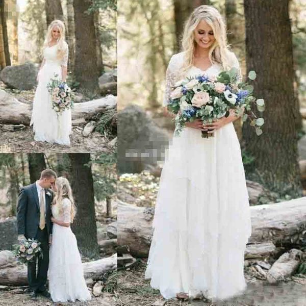 Discount Western Country Wedding Dresses Lace Chiffon Modest V