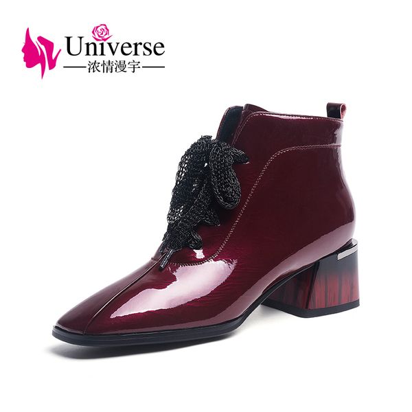 

universe 2019 fashion square toe high heel botas mujer lace-up women shoes ankle wild tire boots women j287, Black