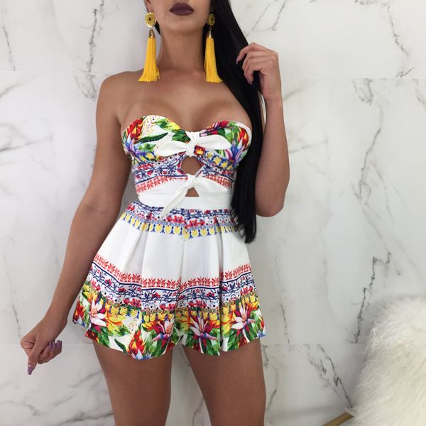 

skinny beach jumpsuits romper floral print strapless bodysuit woman one piece pants bohemian sleeveless women overalls, Black;white