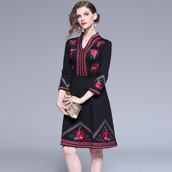 

womens designer famous style dress season loose large size heavy embroidery v-neck nine-point sleeve base skirt7s9w, Black;gray