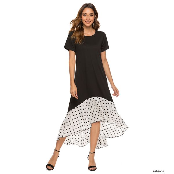 

womens designer stitching polka dot casual dressixo6, Black;gray