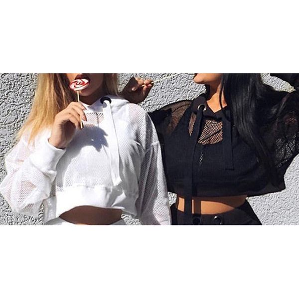 

women women fashion grid pullover sweatershirts ladies transparent new loose hoodie streetwear for, Black