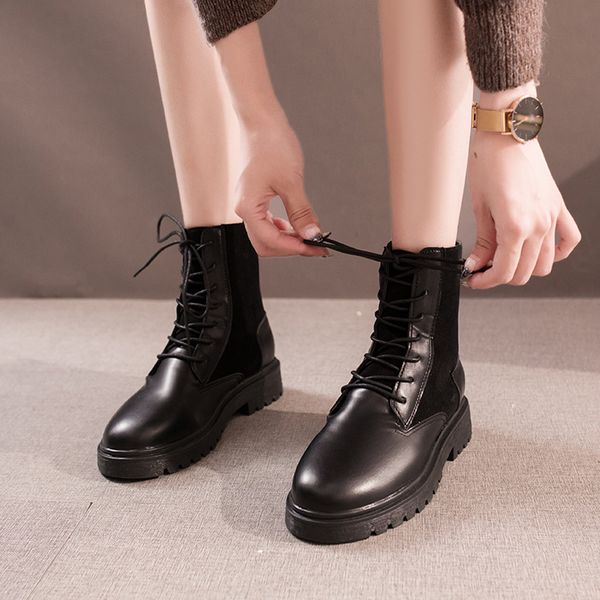

black boots women heel round toe casual lace up single shoes short boots genuine leather women botas mujer #3