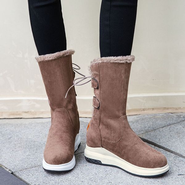 

women snow boots back lace-up warm platform-bottom ankle bare booties female warmer plush suede rubber platform shoes plus size, Black
