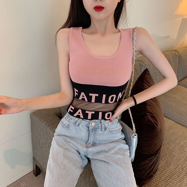 

2020 summer women ladies mesh splicing knitted camisole casual letter print tank, White