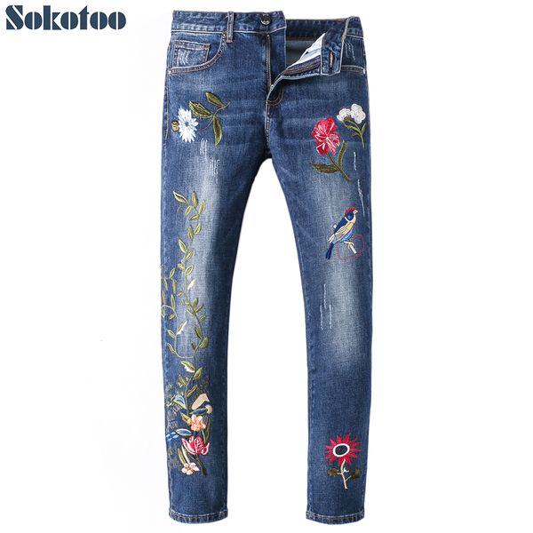 

sokotoo men's birds flowers embroidery jeans fashion slim embroidered blue denim pants