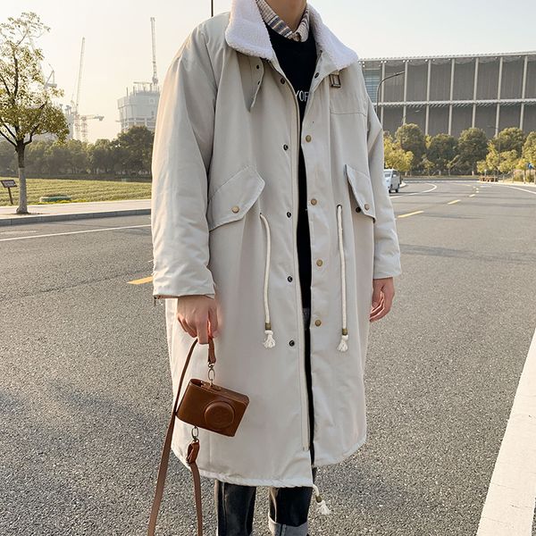 

men's down & parkas winter long coat warm thick parka men fashion lamb fur lapel mens streetwear loose cotton tooling jacket male cloth, Black