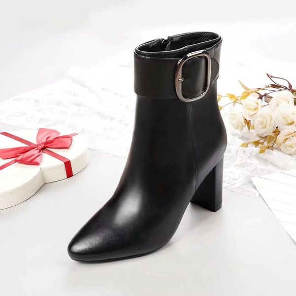 

autumn and winter new women's boots new high-heeled pointed boots belt buckle round head leather martin boots thick with side zipper ti