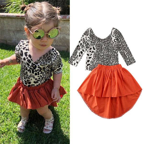

2020 toddler kids baby girl clothes leopard long sleeve t-shirt+irregular long skirts dress spring autumn outfits, White