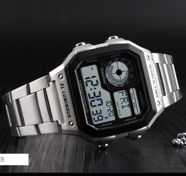 

2019 new sport men watch compass calorie pedometer 5bar waterproof watches stainless strap digital watch reloj hombre skmei 1382, Slivery;brown