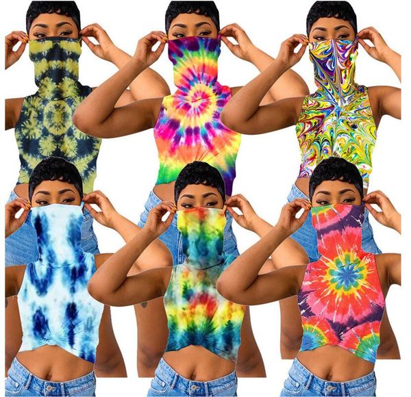 

women t shirt designer tie-dye floral printed vest sleeveless t-shirt with face mask brand crop luxury girls lady clothes s-xxxl d6905, White