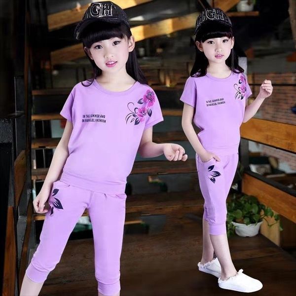 

girls women's clothing 8 suits children's 9 summer clothes 13 summer short sleeves big 10 girls 12 fake two pieces of cotton 15 ye, White