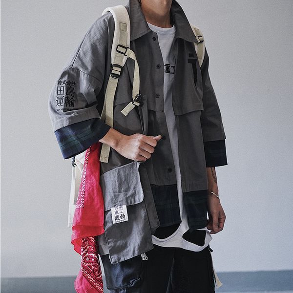 

functional multi pockets shirt oversize patchwork hip hop streetwear shirt male vintage shirts, White;black