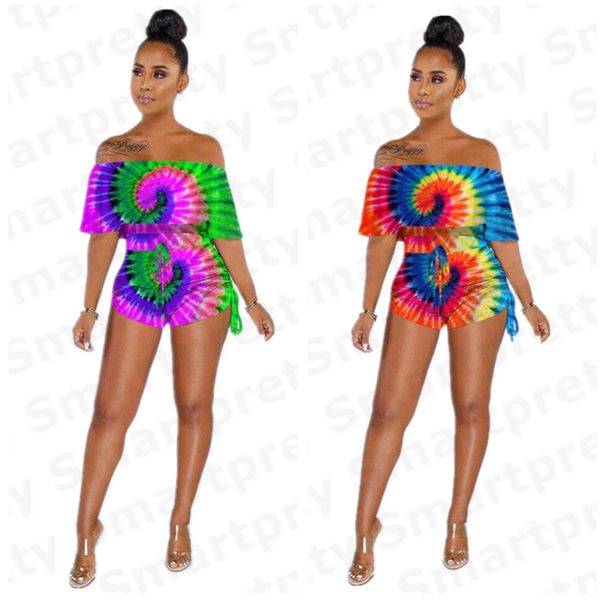 

women jumpsuits summer rainbow gradient color printed flat shouders short sleeve romper coveralls siamese trousers shorts s-3xl e31007, Black;white