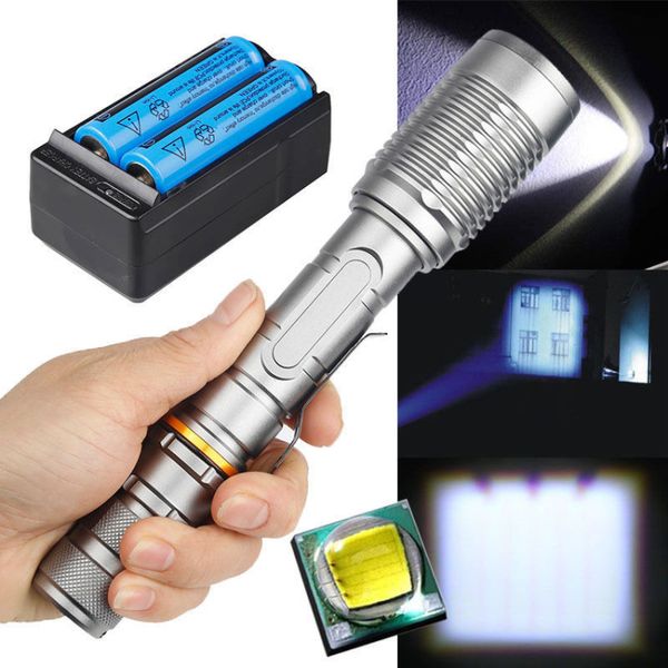 Powerful T6 Tactical LED Flashlight Silver Rechargeable Camping Torch+2* 18650 Battery+double Charger silver flashlight set From USA