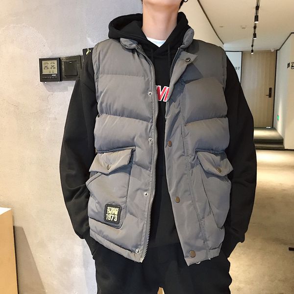 

autumn 2019 new trend korean version of the loose collar three-dimensional pocket tooling solid color casual student cotton vest, Black