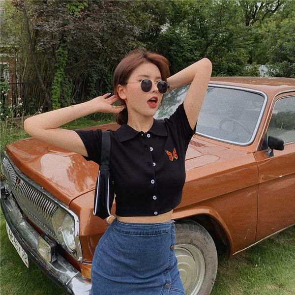 

ins fashion ice silk navel cardigan t-shirt women's 2020 short t-shirt butterfly butterfly slim short sleeve top, White