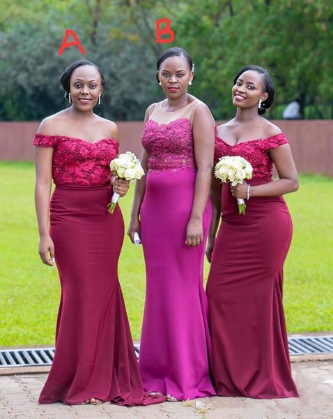 

2020 new african meramid bridesmaid dresses different styles same color black girl formal prom dresses lace applique off shoulder, White;pink