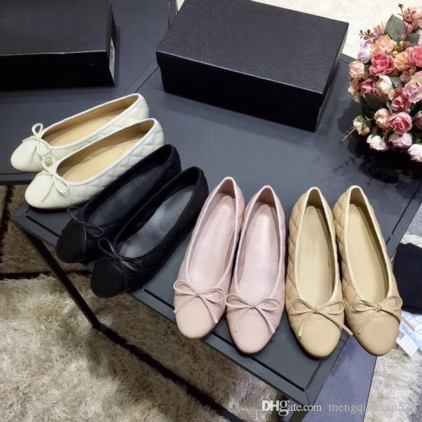 

woman dress shoes designer genuine soft leather rhombic ladies bow shoes luxury letter classic woman sheepskin flat boat shoes size 34-42, Black