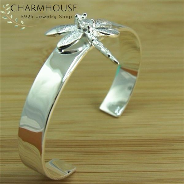 

charmhouse 925 silver bangles for women dragonfly cuff bangle & bracelet adjustable wristband pulseira femme wedding jewelry, Black