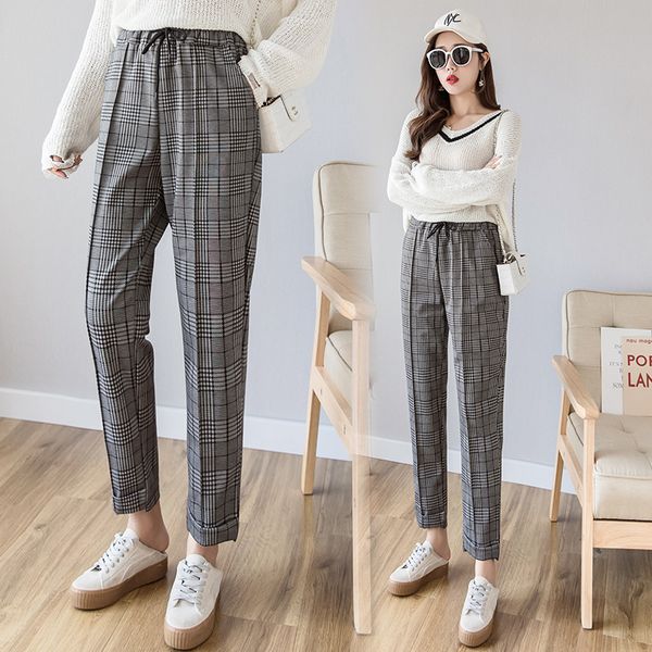 

2019 new women plaid harem pants spring summer elastic waist loose pants casual women trousers autumn slim long harem, Black;white