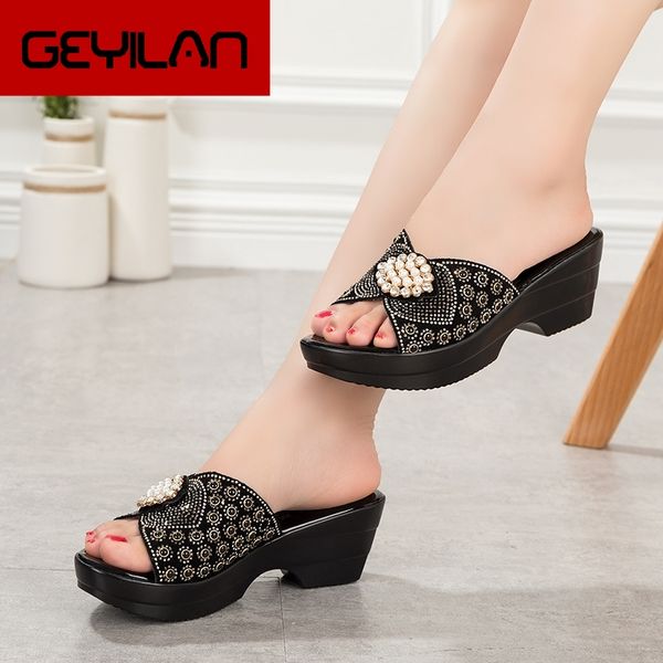 

women slipper's 2019 ladies summer slippers shoes women high heels fashion rhinestone summer shoes geuine leather, Black