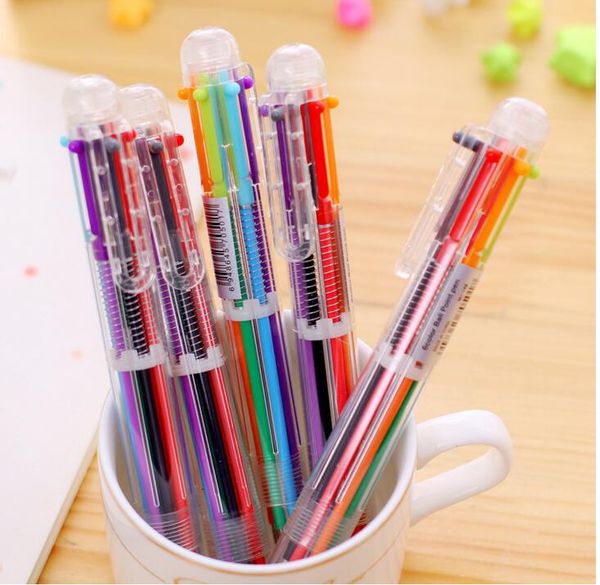 

10pcs plastic pens with multi-color models 6 in 1 multi-colored ballpoint pen push type pen stationery school office tools, Blue;orange