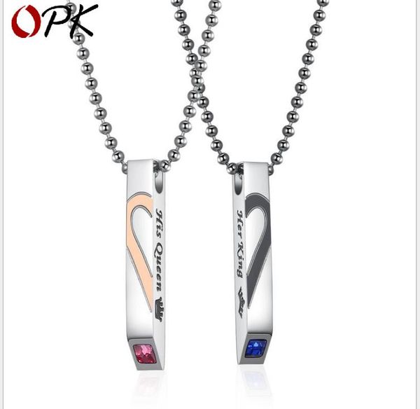 

her king his queen pendant with diamond and love stitching titanium steel couple necklace, Silver