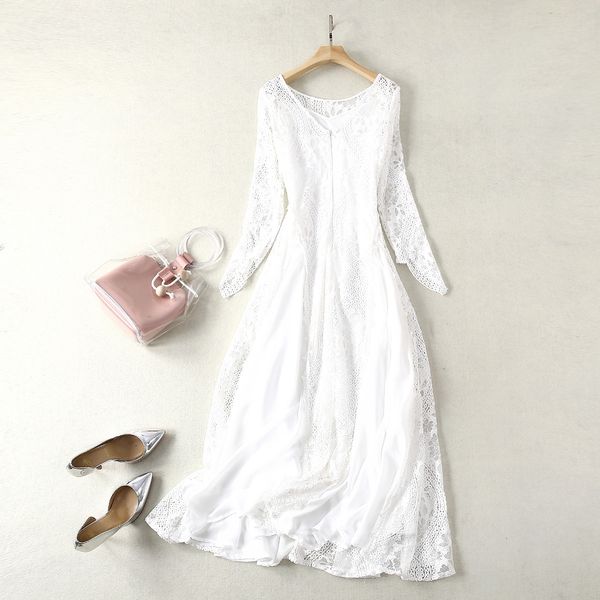 

european and american women's fashion 2019 spring new style lace hollow out fashion long-sleeved v-neck white dress, Black;gray