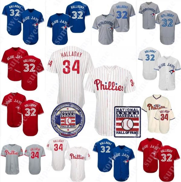 

Roy Halladay Jersey With Hall of Fame Patch Toronto 32 Blue Jays Philadelphia 34 Phillies Baseball Jerseys Blue Red White Cream Grey