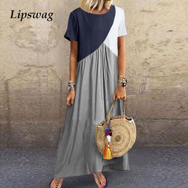 

lipswag 5xl vintage short sleeve long dress patchwork casual loose plus size retro maxi dresses women summer o-neck beach dress, Black;gray