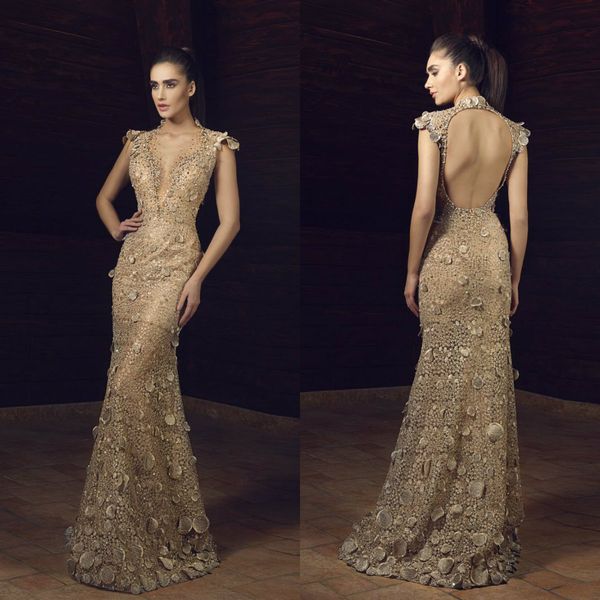 

luxury gold mermaid prom dresses tony chaaya 2019 lace floral appliques evening dress floor length backless formal party gowns, Black