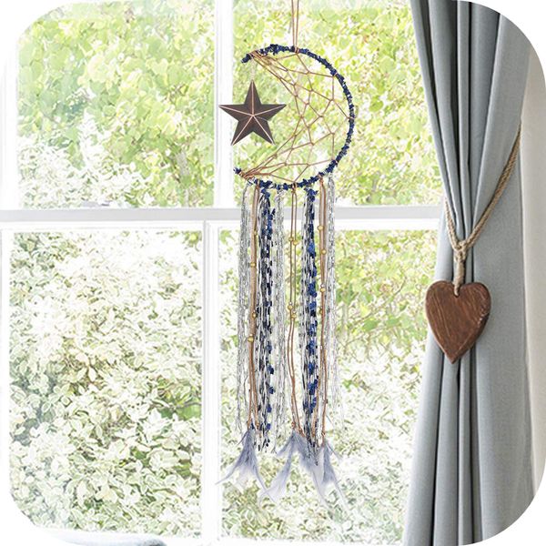 

blue dream catcher handmade half circle moon design dream catcher feather hanging with star home decoration ornament festival gift