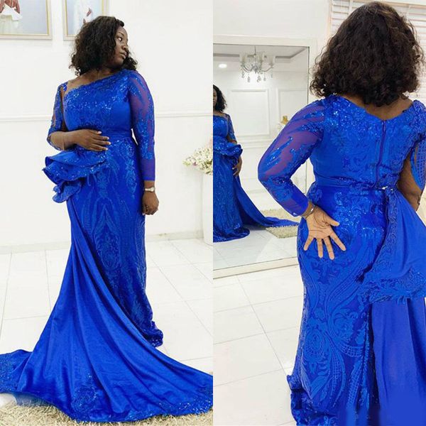 

2020 sapphire mermaid evening dresses satin with glitter detachable train prom dress sequins sweep length plus size party gowns, Black;red