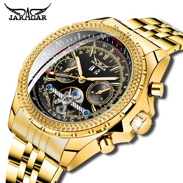 

luxury jaragar men automatic mechanical watch golden bezel scale dial design stainless steel luminous calendar watch, Slivery;brown