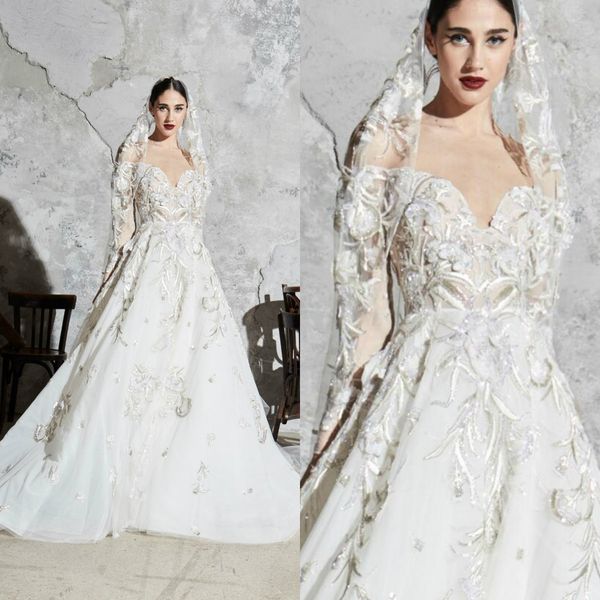 

2020 bohemian wedding dresses v neck beaded appliqued sequins long sleeves bridal gown ruffle sweep train custom made lace robes de mariÃ©e, White