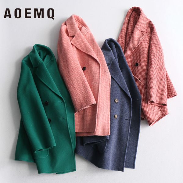 

aoemq fashion joker double-sided wool solid color double-breasted thousand birds small plaid straight short coat, Black