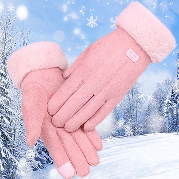 

elos-autumn and winter suede gloves women's warm press screen haired gloves riding plus velvet thick gloves women, Black