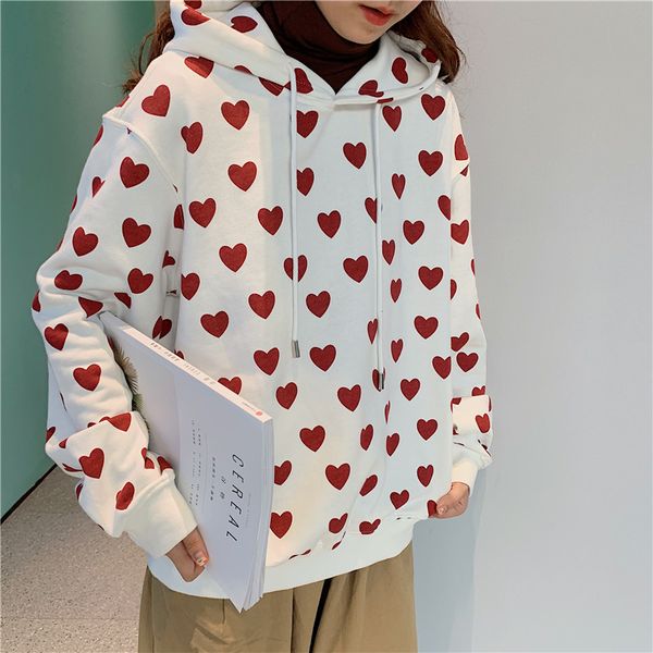 

korean version tide student loose cute love print kawaii sweatshirt ins new warm fashion female harajuku hoodie sweatershirt, Black
