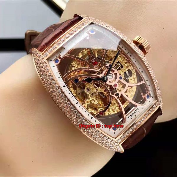 6 Стиль Лучшие часы Cintrée Curvex Skeleton Rose Gold Diamonds автоматические механические мужские часы 8880 B Полый циферблат кожаный ремешок Часы