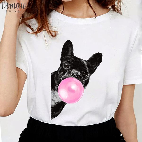 

harajuku summer female short t shirt bubble gum french bulldog print aesthetic clothes graphic tee tshirt femme, White
