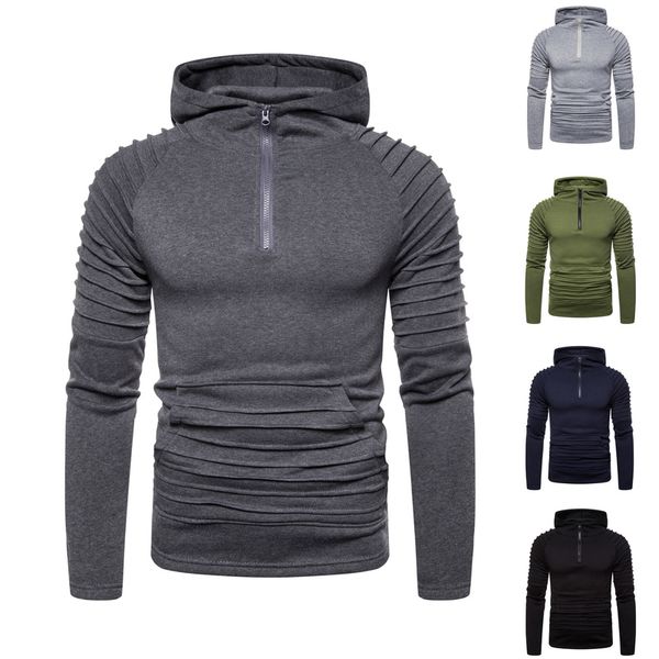 

new autumn mens hoodies zipper hooded fold sleeve men hip hop sweatshirt casual slim sportswear tracksuit m-3xl drop shopping, Black