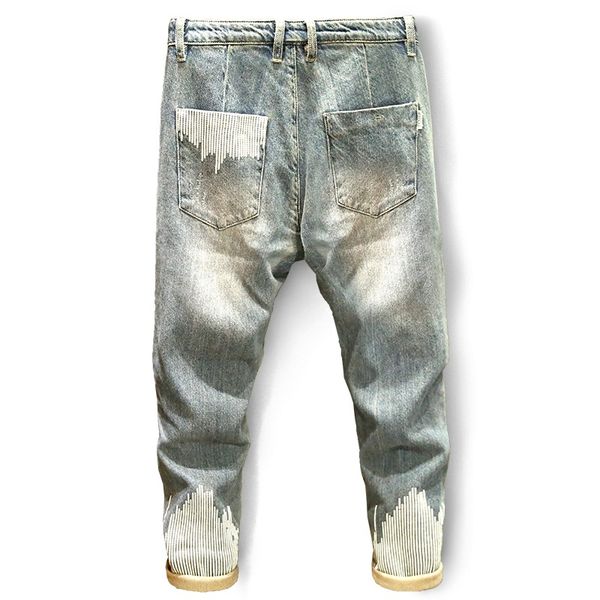 

men's jeans stripes print fashion loose straight pants korean style denim, Blue