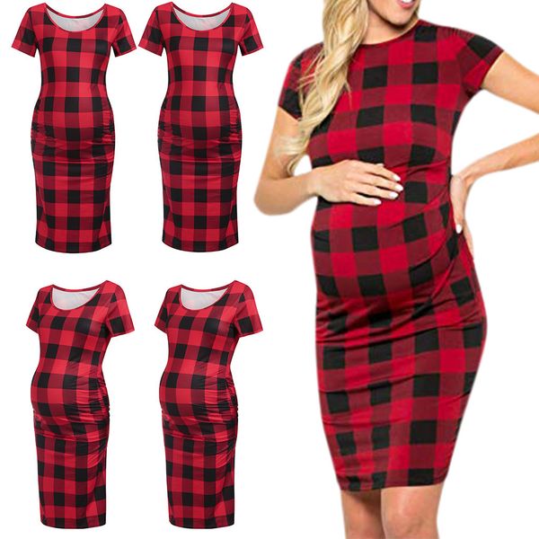 

2019 the new women's pregnancy short sleeve lattice print dress maternity sundress clothes, White