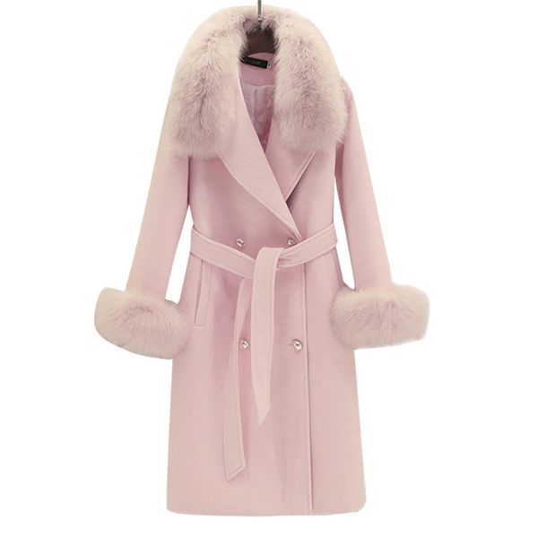 

fur collar real fur coat female wool jacket autumn winter coat women clothes 2020 korean vintage long woolen zt5067, Black