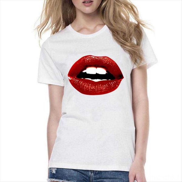 

short-sleeved women's clothing 2020 summer clothes women's lip printing clothing size t-shirt large size shirt t-shirt, White