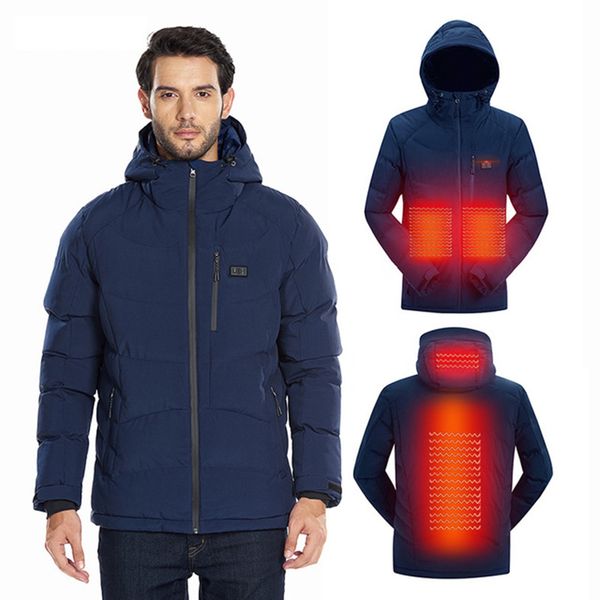 

2019 men winter outdoor usb infrared heating hooded jacket electric thermal clothing coat for sports climbing hiking, Blue;black