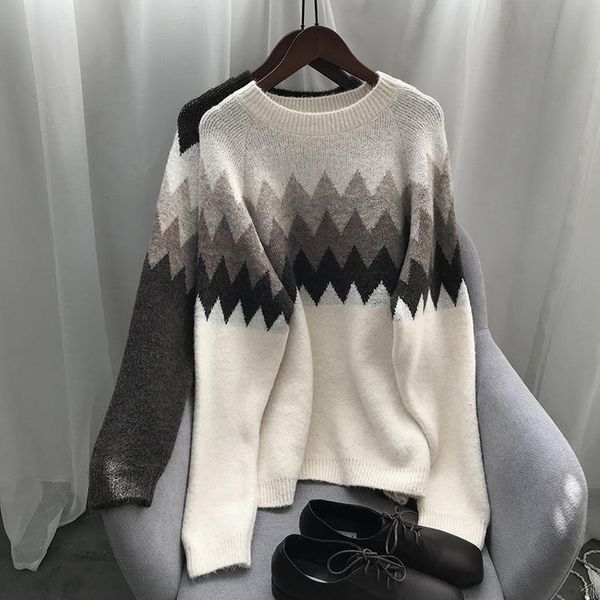 

2019 winter cosy loose sweater women long sleeve round collar vintage knit pullover jumper classic warm knitwear top, White;black